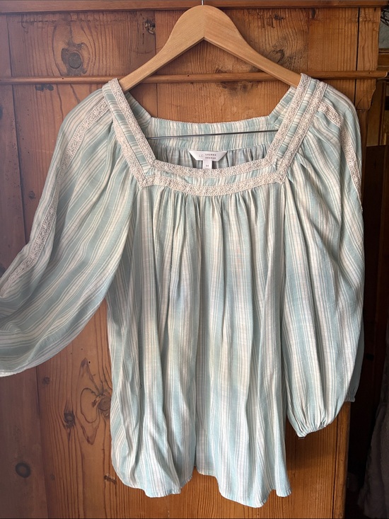 LC Lauren Conrad Tops - LC Lauren Conrad Mint-Striped Crochet Trim Peasant Blouse